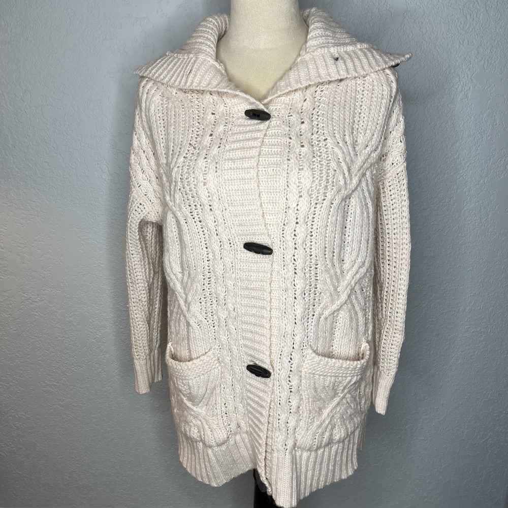 American Eagle Fisherman Cardigan Women's XS S Cream Wool Wood Button Cable Knit